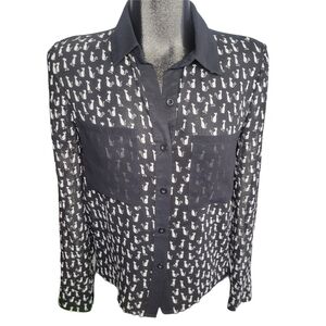 Buffalo Black and White Cat Print Sheer Button-Up Shirt with Cutout Backing S